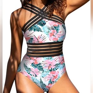 HILOR Tropical Floral Striped Sheer Mesh Panel Crisscross One Piece Swimsuit NWT